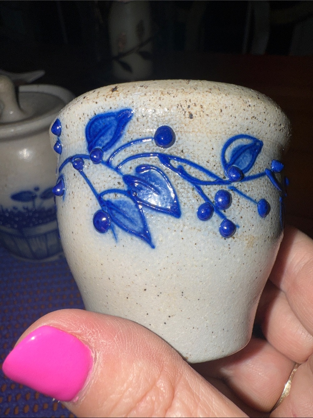 Salmon Falls Pottery Handcrafted Stoneware Cup with Blue Berry Vine Leaf Motif